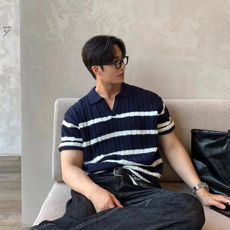 HEARUJOY  -  Twist striped knitted polo shirt short-sleeved men's Korean style slim and versatile casual lapel T-shirt trendy