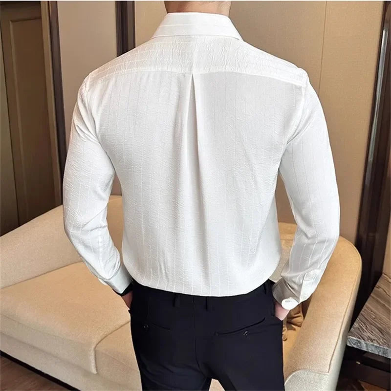 HEARUJOY  -  Spring Summer Men Smart Casual Black Shirts Fashion Men High Quality Striped Shirts Male Formal Party Wedding Blouse