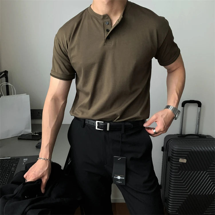 HEARUJOY  -  New Men Light Luxury Henry Collar T-Shirt Leisure Button-down Solid Color Short Sleeve Korean Style 2025 Summer Streetwear M-3XL