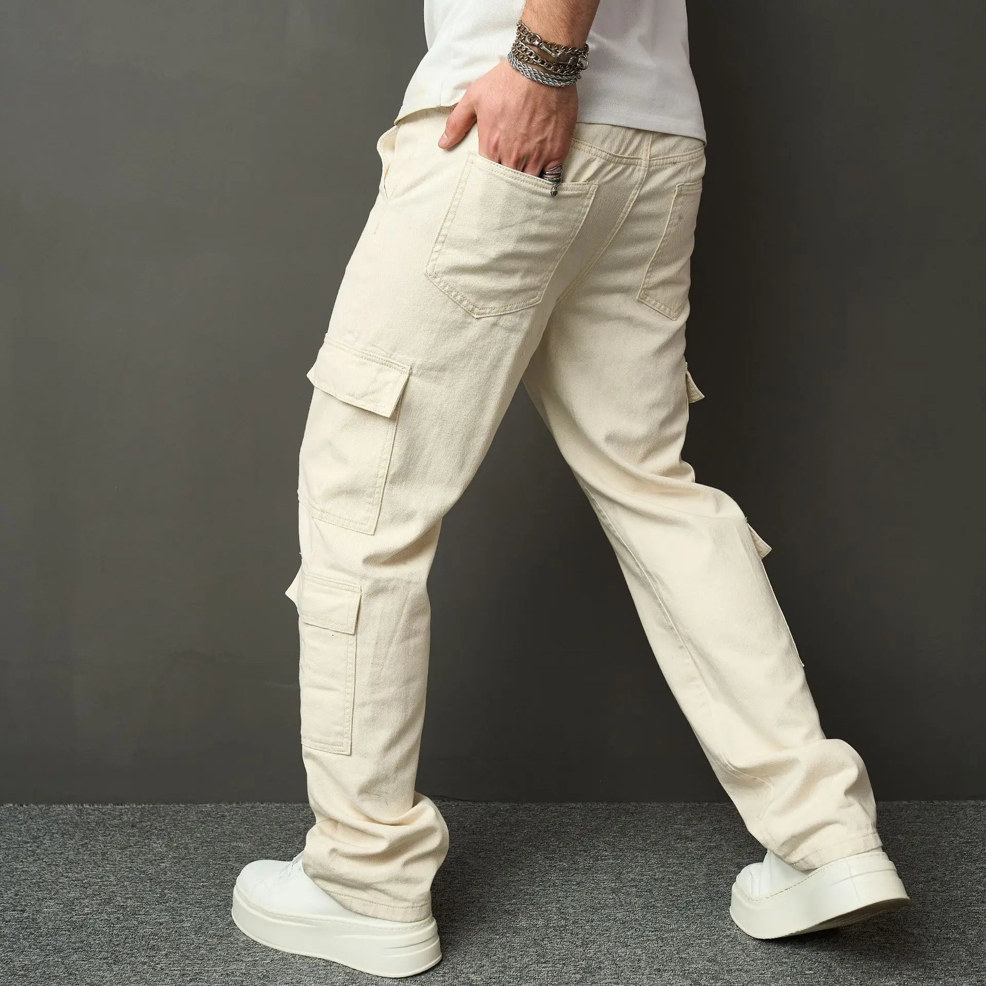 HEARUJOY  -  Spring Autumn Men American High Street Multi Pocket Cargo Pants Loose Straight Jeans Washed Workwear Wide Leg Denim Trousers