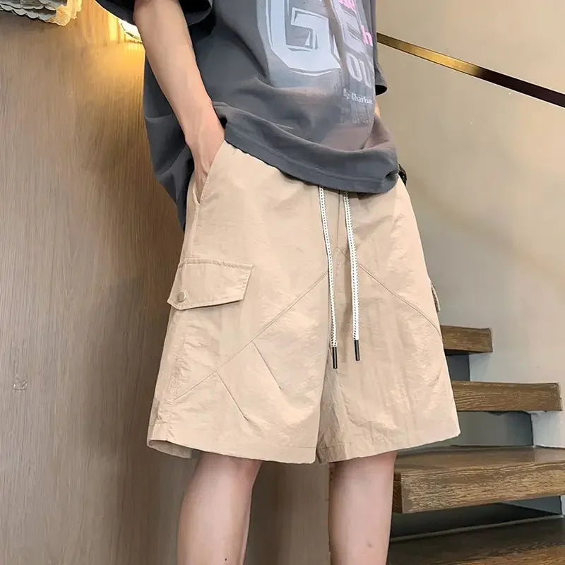 HEARUJOY  -  Baggy with Draw String Half Elastic Waist Mens Cargo Shorts Solid Loose Pockets Wide Short Pants for Men Long Bermuda New in Y2k