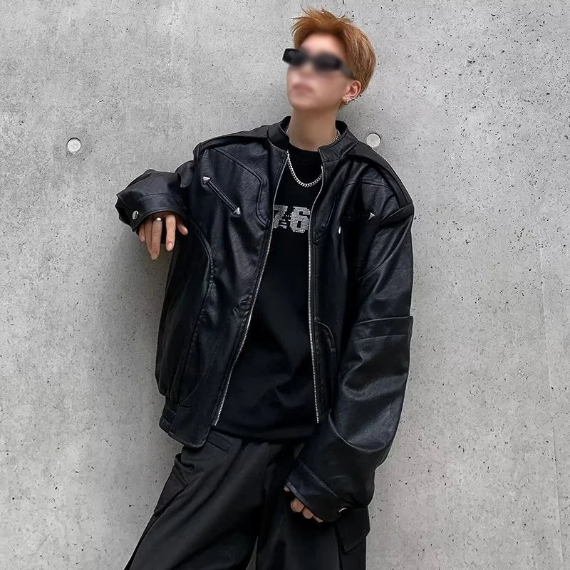 HEARUJOY  -  American Vintage High Street Leather Jacket Men Long Sleeve Stand Collar Motorcycle Tops Spring Autumn Fashion Handsome PU Coat