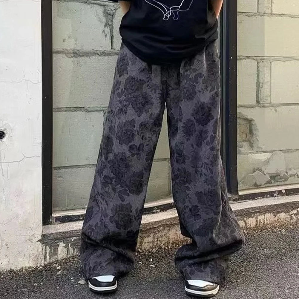 HEARUJOY  -  Men Loose Vintage Casual Jogging Pants Printing Korean Style High Street Trouser Wide Leg Streetwear