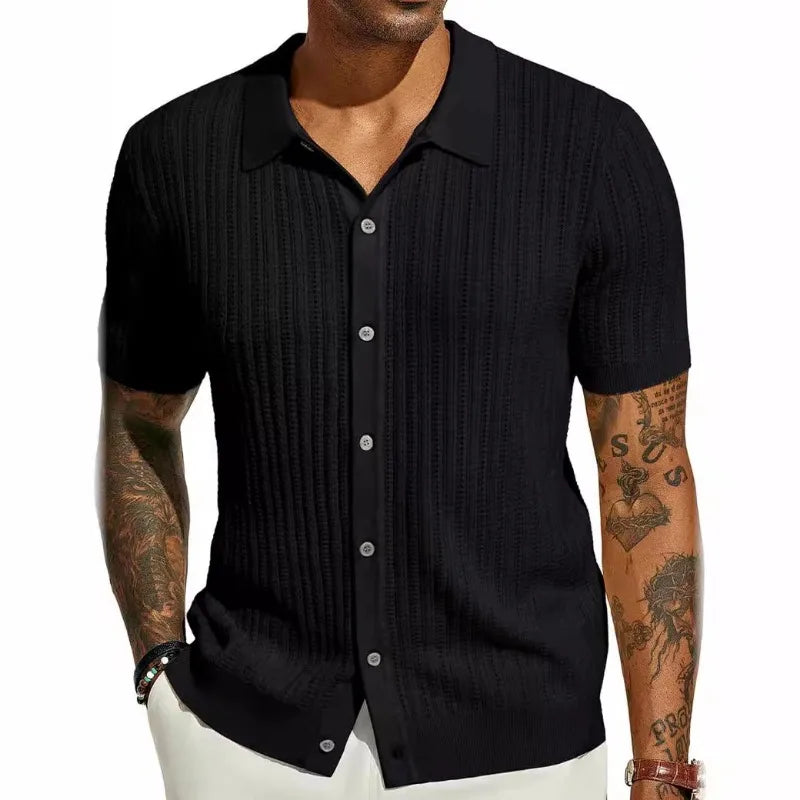 HEARUJOY  -  Men's Casual Top Summer Cool Knit Shirt Short Sleeve Lapel Solid Color Hollow Breathable Top