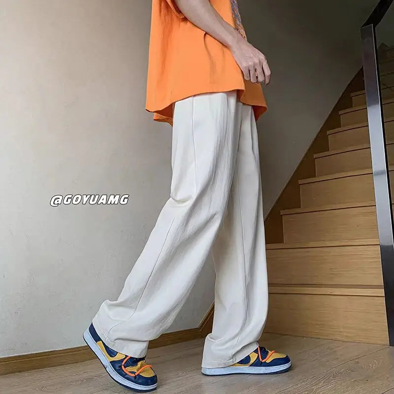 Hearujoy Japanese Style Pants Men's Summer Work Bottoms Loose and Thin Cotton Linen Straight Leg Trousers High Street Casual Cargo Pants