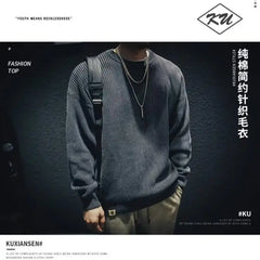 Hearujoy Cotton Sweater Men's Loose Fitting Trendy Brand Retro Plus Size Thread Jacket Chubby Round Neck Thick Knit Sweater