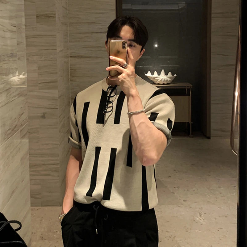 Hearujoy Summer Men's Clothing Luxury O Neck Knitted T Shirt Retro Geometric Short-sleeved Korean Popular Knitwear Leisure Basic Shirt