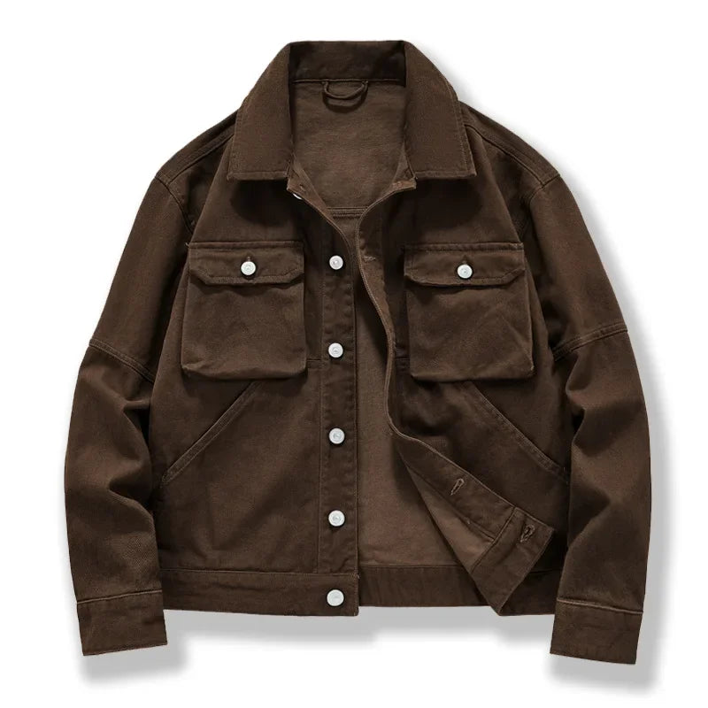 HEARUJOY  -  Men's High-end American Retro Heavy Denim Jacket Spring and Fall New Lapel Loose Single-breasted Cotton Cargo Jacket