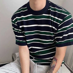 Hearujoy Mens Japanese Striped Casual Knitted Short-Sleeved T-Shirt Genderless Fashion Personalized Versatile Retro Loose T-Shirt Unisex