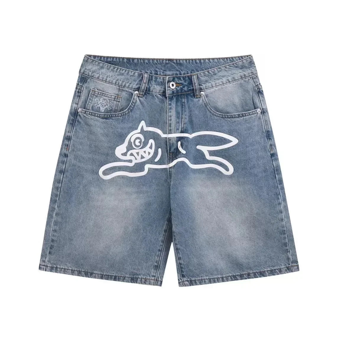 Hearujoy Summer New Fly Dog Hip Hop Graphic Printed Denim Shorts Mens Wide Leg Baggy Jeans Y2k Streetwear Fashion Knee Length Pants Jorts