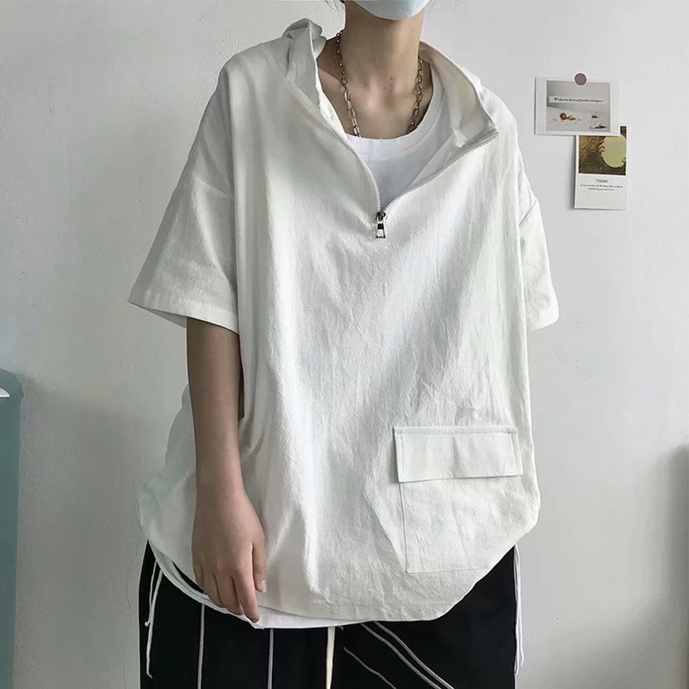 HEARUJOY  -  Pullover Men Tops Hoodie Loose Pocket Polyester Casual Harajuku Hip Hop Hooded Short Sleeve Solid Color Sweatshirt