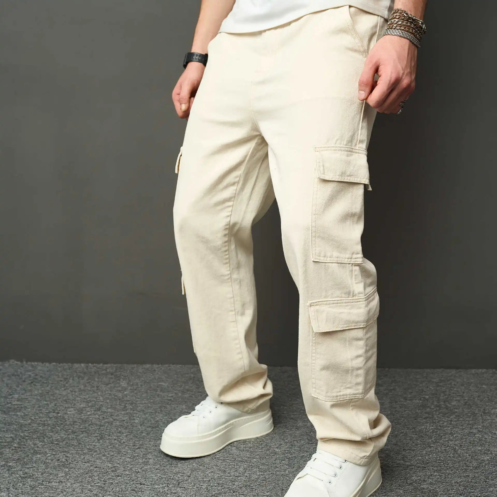 HEARUJOY  -  Spring Autumn Men American High Street Multi Pocket Cargo Pants Loose Straight Jeans Washed Workwear Wide Leg Denim Trousers