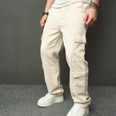 HEARUJOY  -  Spring Autumn Men American High Street Multi Pocket Cargo Pants Loose Straight Jeans Washed Workwear Wide Leg Denim Trousers