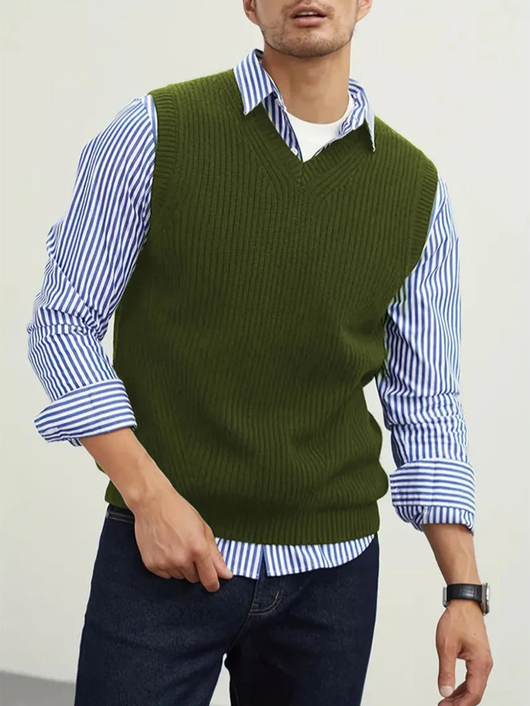HEARUJOY  -  Casual Simple Solid Color All-match Knit Vest Mens Autumn Trendy Slim V Neck Tank Tops Men Leisure Sleeveless Knitted Camisoles