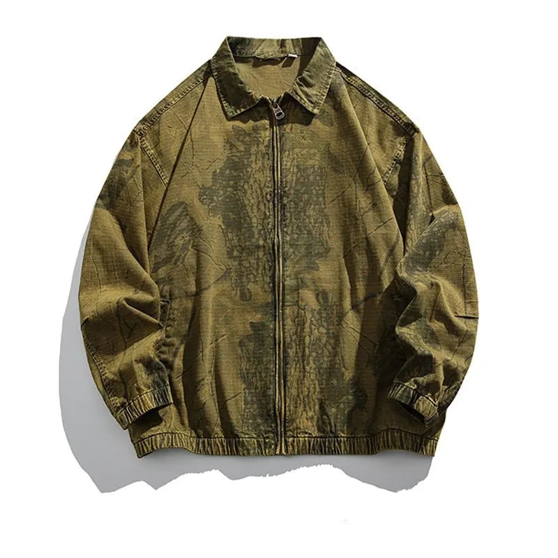 HEARUJOY  -  American High-Street Washed Camo Jacket Vintage Military Overshirt with Notch Collar Distressed Streetwear Coat for Men