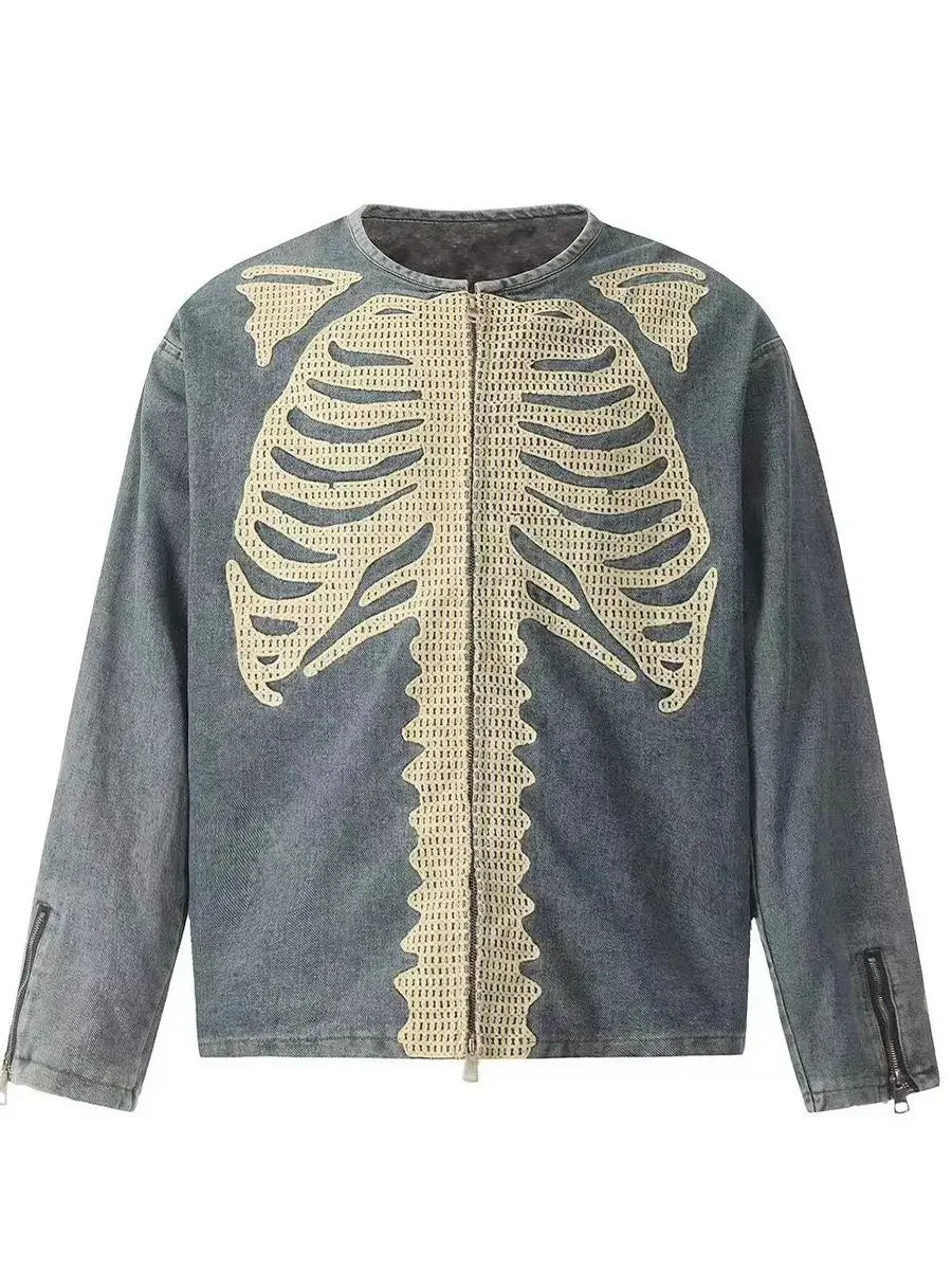 Hearujoy Streetwear Skeleton Bone Embroidery Washed Blue Denim Jacket for Men and Women Vintage Crew Neck Windbreaker Fall Jeans Coat