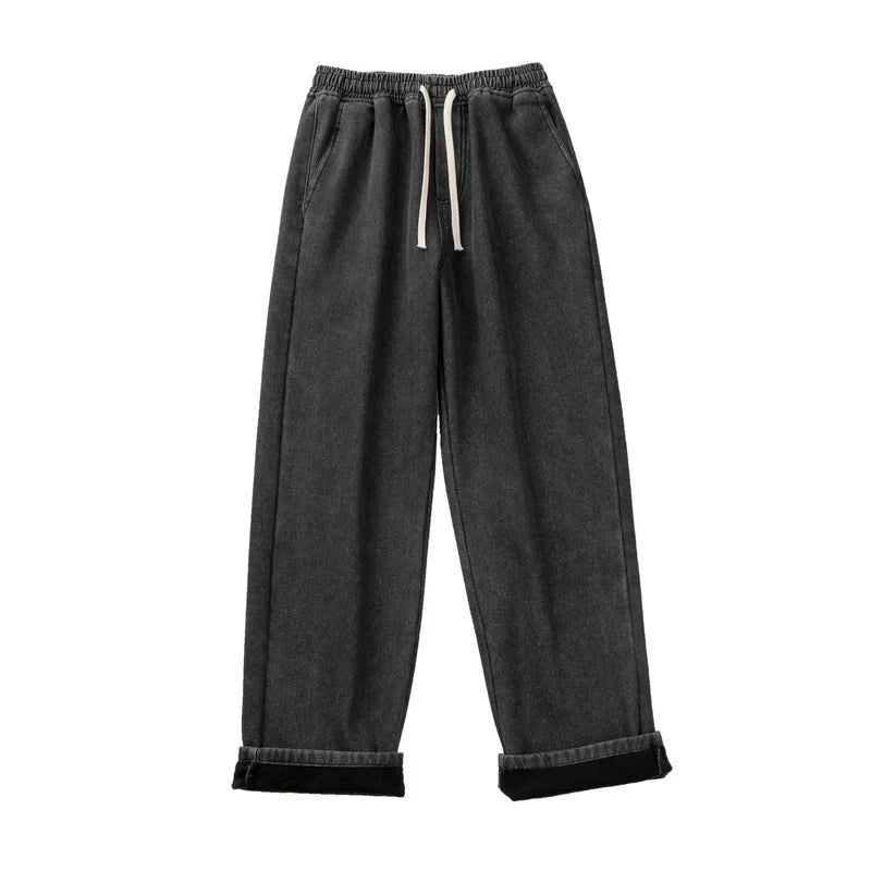 Hearujoy Men's Winter Fleece Denim Korean Hip-hop Street Loose Straight Wide-leg Pants Student Warm Casual Trousers Black Blue