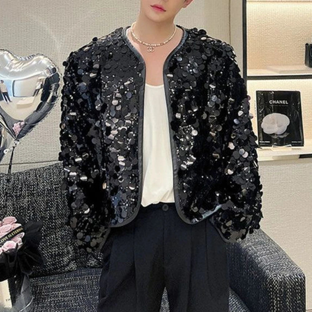 HEARUJOY  -  Mens Jacket Sequin Ballroom Shiny Jacket Streetwear Fashion Nightclub Stage Performance Long Sleeve Top Men'S Clothing 2025 New