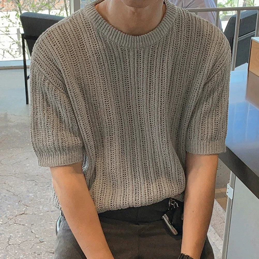 HEARUJOY  -  Fashion Knitted T-shirt For Men Top Tshirt Loose Fit Knitted Top Regular Length Garment Slight Stretch Material