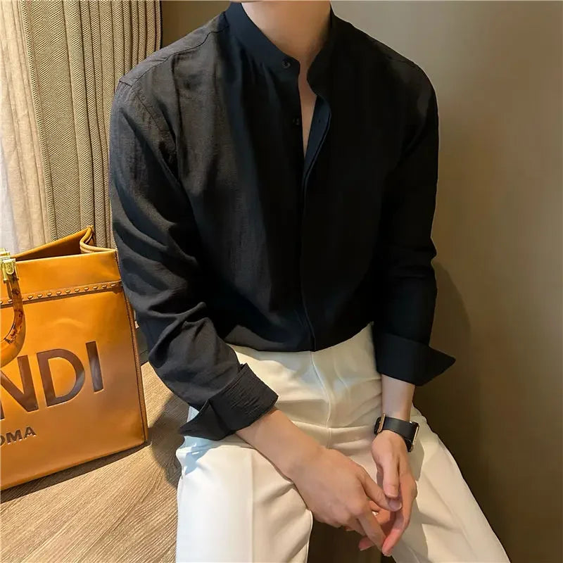 HEARUJOY  -  Long-sleeved Stand-collar Pleated Shirt Men's Summer Seaside Vacation Style Casual and Versatile Solid Color Spring Autumn Shirt