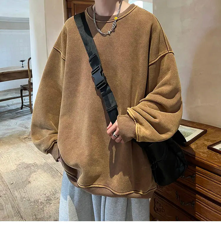 HEARUJOY  -  American Washed Old Pullovers Sweatshirts Men Loose Solid Color 2025 Autumn Large Size Warm O Neck Tops Hip Hop Y2k Sweatshirt