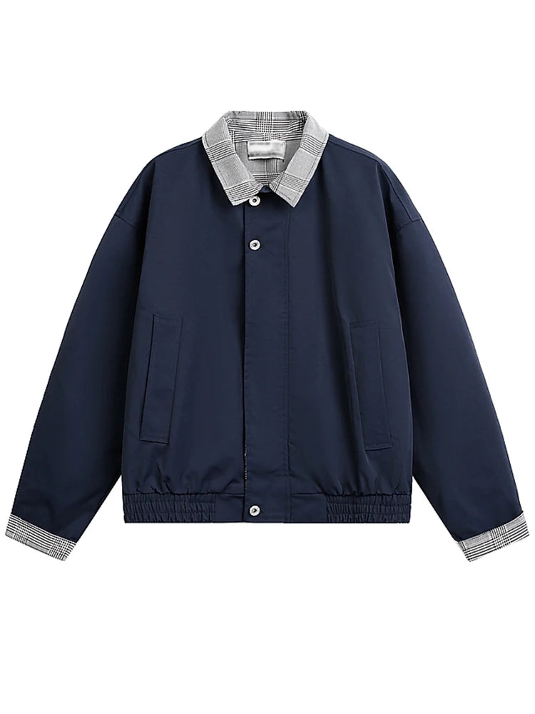 HEARUJOY  -  Streetwear Vintage Plaid Patchwork Jackets Mens Fashion Long Sleeve Zip-up Jacket Coat Men 2025 Autumn Daily Casual Lapel Coats