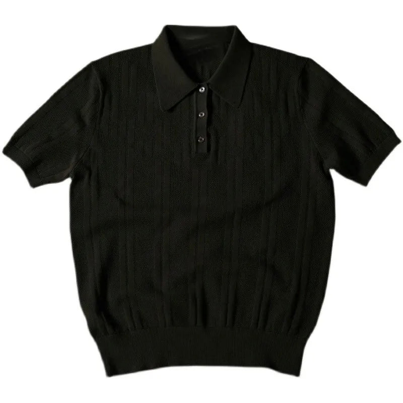 HEARUJOY  -  Men's Clothing Leisure Light Luxury Polo Shirt Korean Hollow Out Button-down Solid Color Short Sleeve Tees for Men Breathable