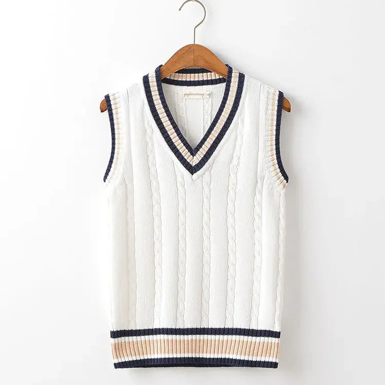 HEARUJOY  -  Striped White Knitted Sweaters for Men Blue Sleeveless Man Clothes V Neck Vest Red Waistcoat Jumpers Sweat-shirt Cigaret Cotton