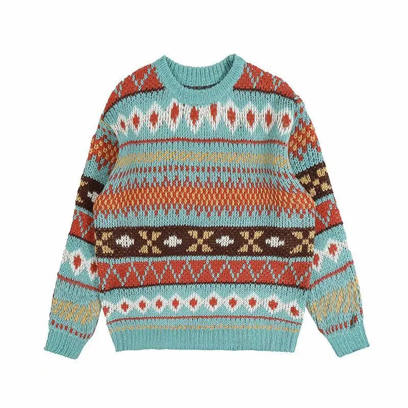 Hearujoy Men's Knitted Vintage Graphic Sweater with Pattern Brown Blue Pullovers Sweaters and Jumpers Korean Streetwear Harajuku