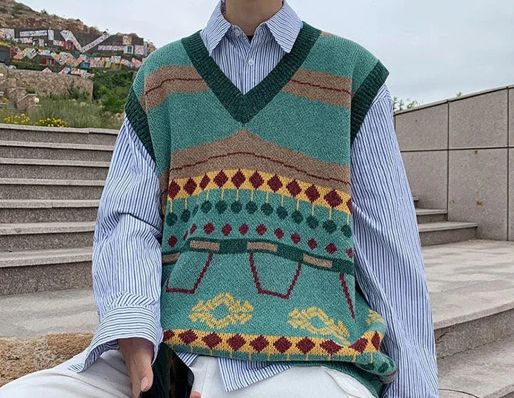 HEARUJOY  -  Sweater Man Casual Waistcoat V Neck Printed Knit Vests for Men Designer Cheap Korean Fashion Smooth Reviews Clothes Top Harajuku