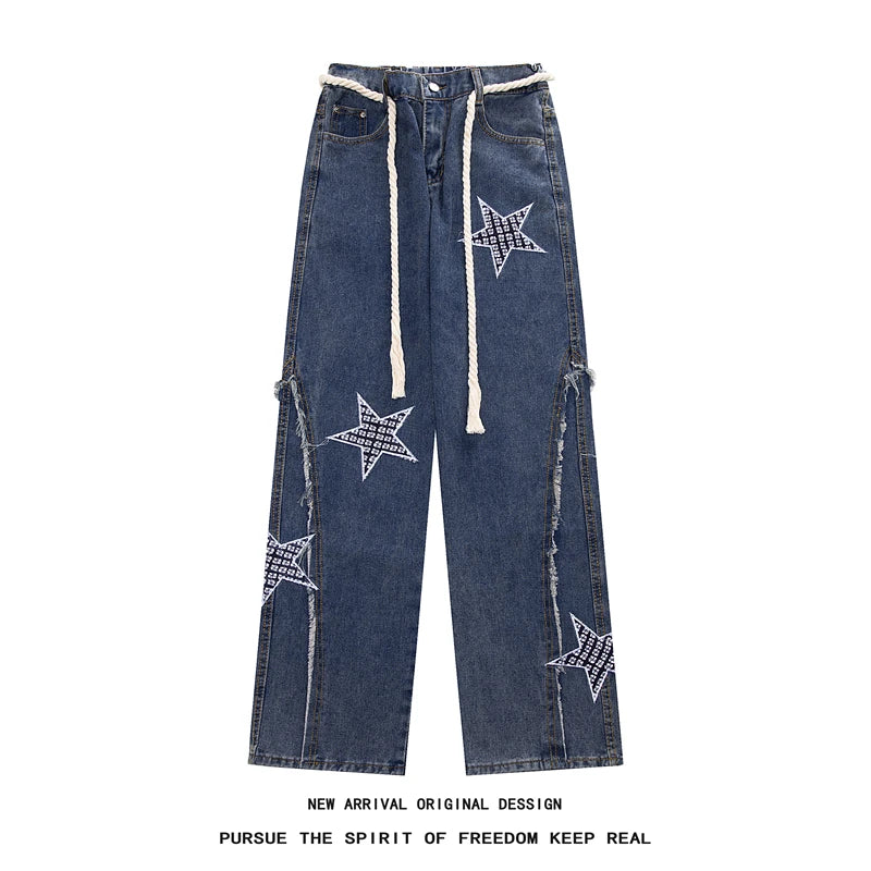 Hearujoy Spring New Star Embroidery Burrs Patchwork Jeans Fashion Streetwear Loose Straight-leg Denim Pants for Men and Women 5XL-M