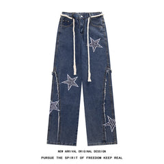 Hearujoy Spring New Star Embroidery Burrs Patchwork Jeans Fashion Streetwear Loose Straight-leg Denim Pants for Men and Women 5XL-M