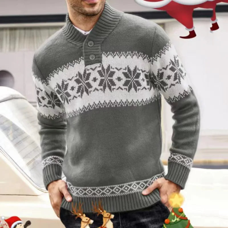 HEARUJOY  -  Autumn Winter New Men Jacquard Sweater Polo Shirts Coat Christmas Snowflake Printed Tees Tops Knitted Stand Collar Clothing