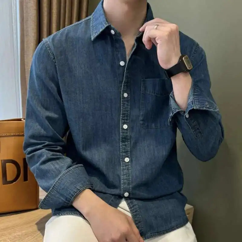 HEARUJOY  -  Lapel Collar Cotton Blend Denim Shirt Long Sleeve Shirt Retro Shirt British Versatile Casual Shirt Man Camisa Social Masculina