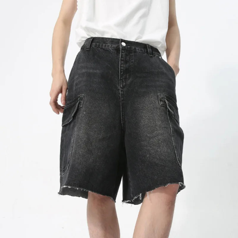 Hearujoy Men's Denim Shorts Knee Length Casual Zipper Loose Male Jeans New Korean Style Big Pocket Design Washed Overalls 9C5738