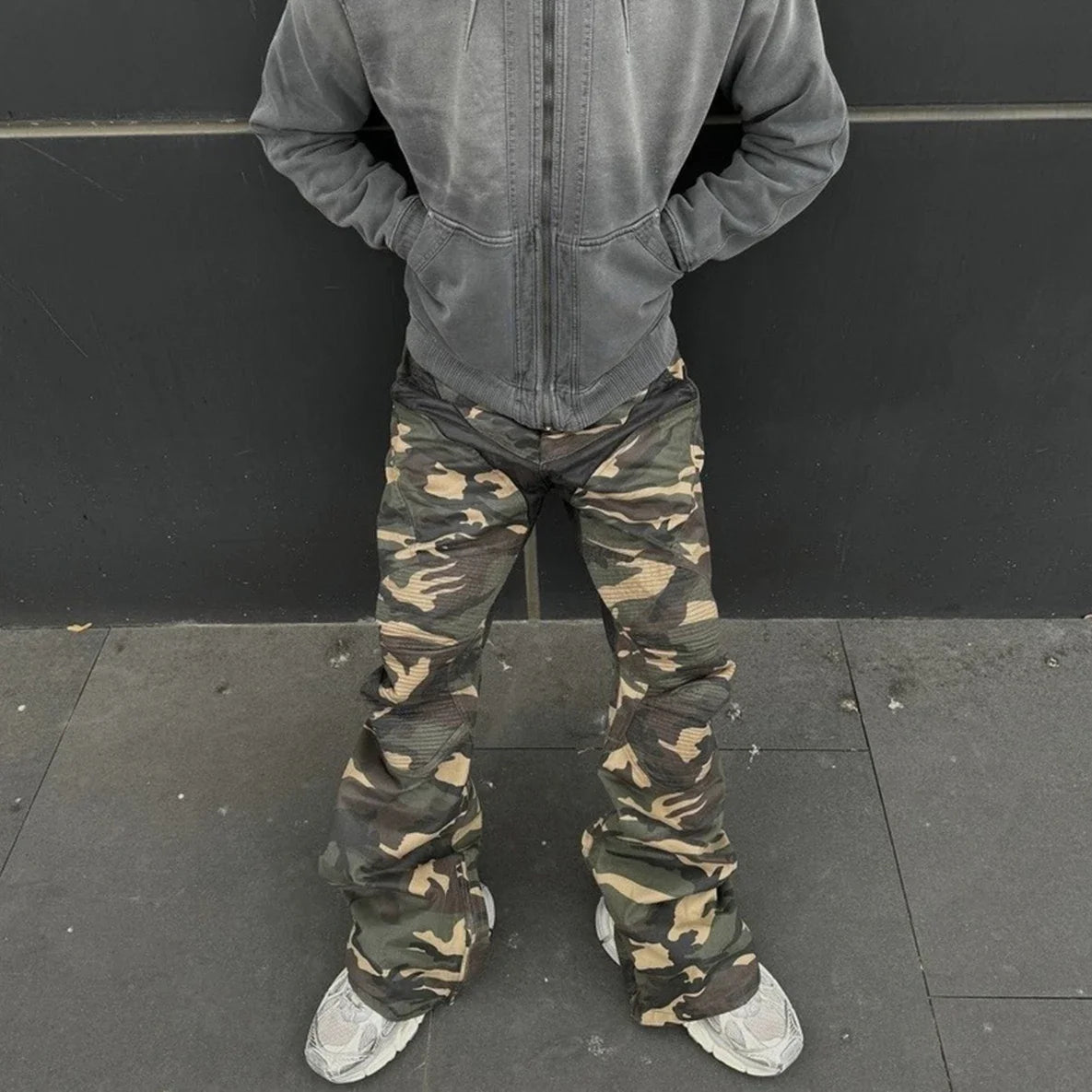 Hearujoy Camouflage Coated Micro Flared Motorcycle Pants for Men Patchwork Baggy Jeans Ankle Zipper Boot Cut Oversized Denim Cargos