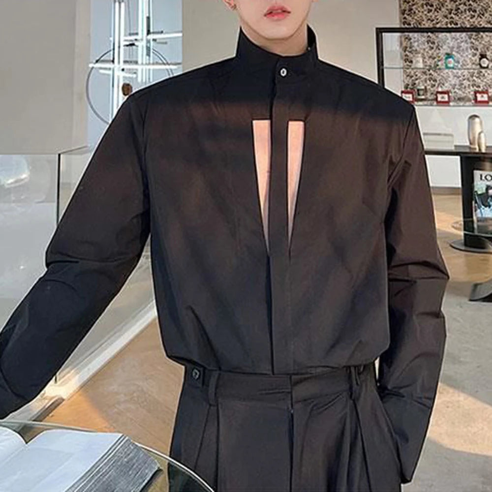 Hearujoy Mens Sexy Hollow Stand-Up Collar Casual Long-Sleeve Shirt Autumn Genderless Korean Fashion Youth Trend Loose Oversize Top Unisex