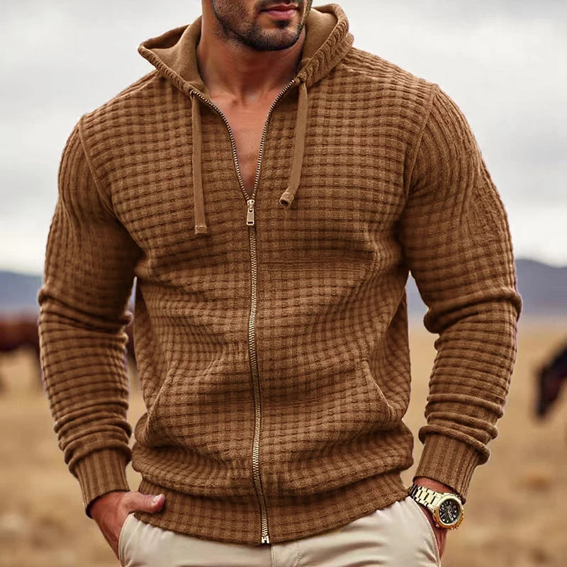 HEARUJOY  -  Stylish Loose Cardigan Tops Men Autumn Daily Casual Plaid Texture Zip-up Hooded Jackets For Mens Vintage Long Sleeve Jacket Coat