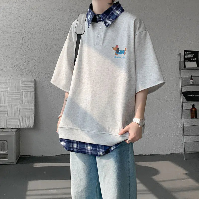 HEARUJOY  -  Dog Embroidery Plaid Polo Short Sleeve T-Shirt 2025 Summer Retro Couple T-shirts Splicing Fake Two Pieces Simple Tops