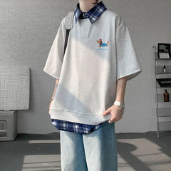 HEARUJOY  -  Dog Embroidery Plaid Polo Short Sleeve T-Shirt 2025 Summer Retro Couple T-shirts Splicing Fake Two Pieces Simple Tops