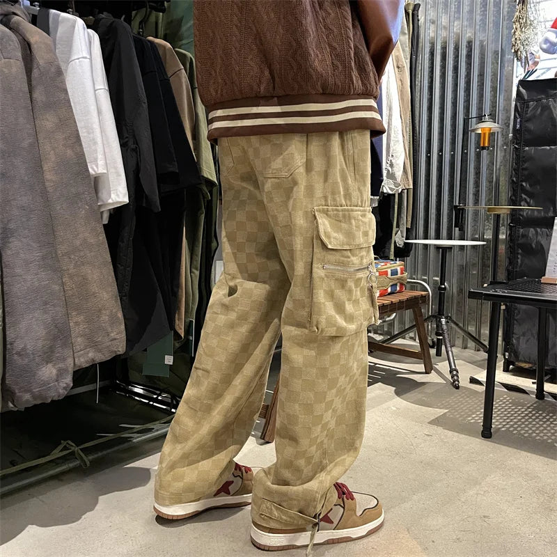 Hearujoy Japanese Men's Chessboard Checker Jeans Fashion Street Hip Hop Loose Straight Wide Leg Pants Couple Outerwear Pants Red Black