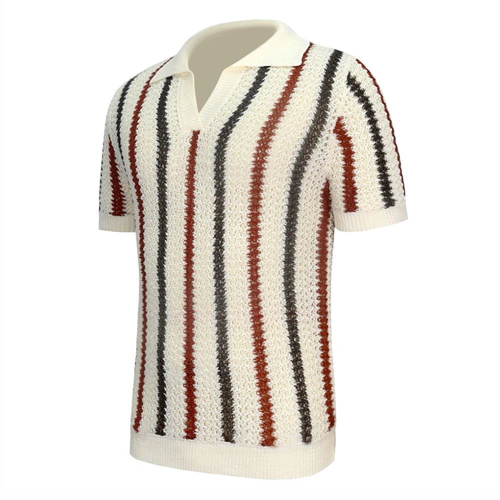 Hearujoy Mens Breathable Striped Casual Hollow Knitted Polo Shirt Genderless 2024 Summer New Fashion Contrast Color Simple Shirt Unisex