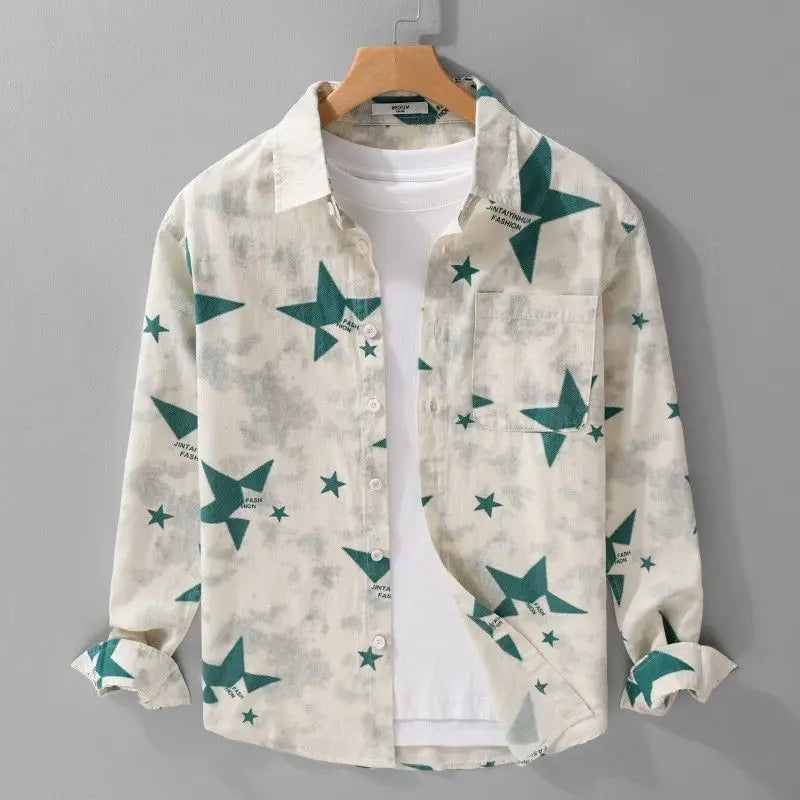 HEARUJOY  -  Spring Japanese Letters Gradient Print Men's Loose Casual Long-sleeved Shirt
