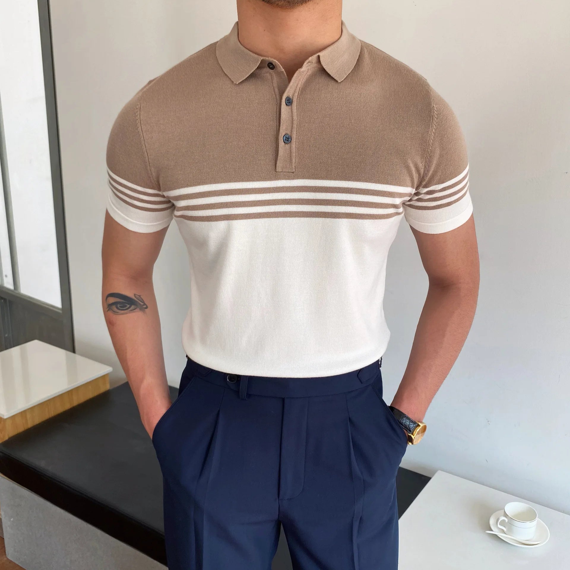 HEARUJOY  -  Summer Cotton Men Polo Shirt Business Casual Turn-down Collar Button-up Tees Fashion Flocking Tshirts Top Lce Silk Fabric Blouse