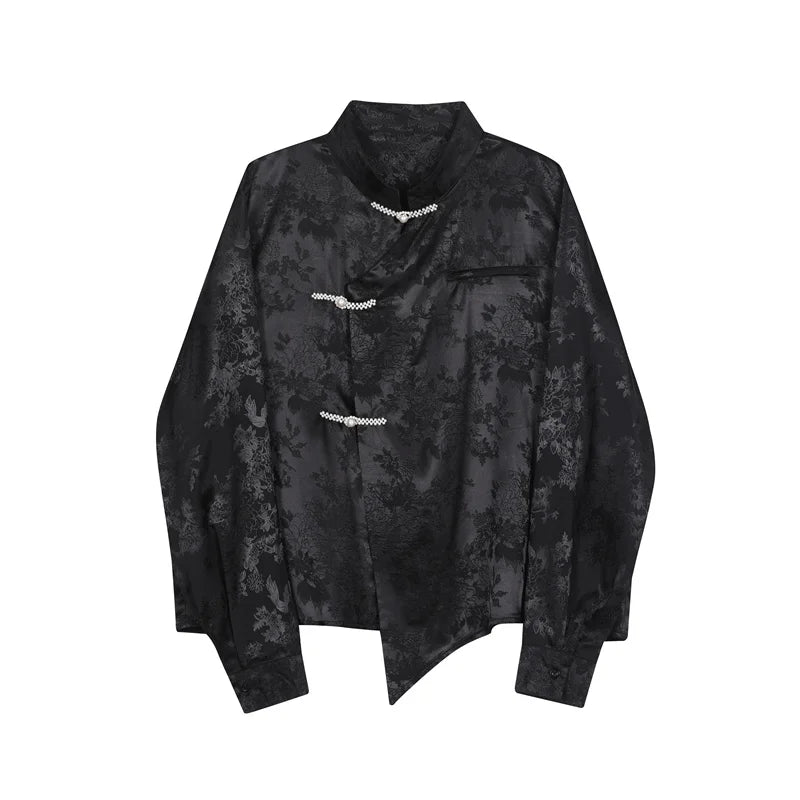 Hearujoy Korea Fashion Vintage Spring Men's Print Chinese Style Long Sleeve Shirts Male Cardigan Stand Collar Dress Shirts