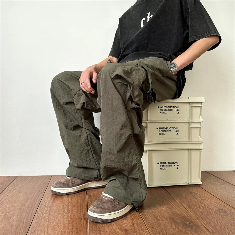 Hearujoy Summer Thin Cargo Pants Men Fashion Retro Pocket Casual Pants Men Japanese Streetwear Hip-hop Loose Straight Pants Mens Trousers