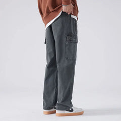 HEARUJOY  -  Streetwear Fashion Men Full Cargo Pants Spring Autumn Harajuku Vintage Oversize Solid Casual Male Loose Wide Leg Denim Trousers