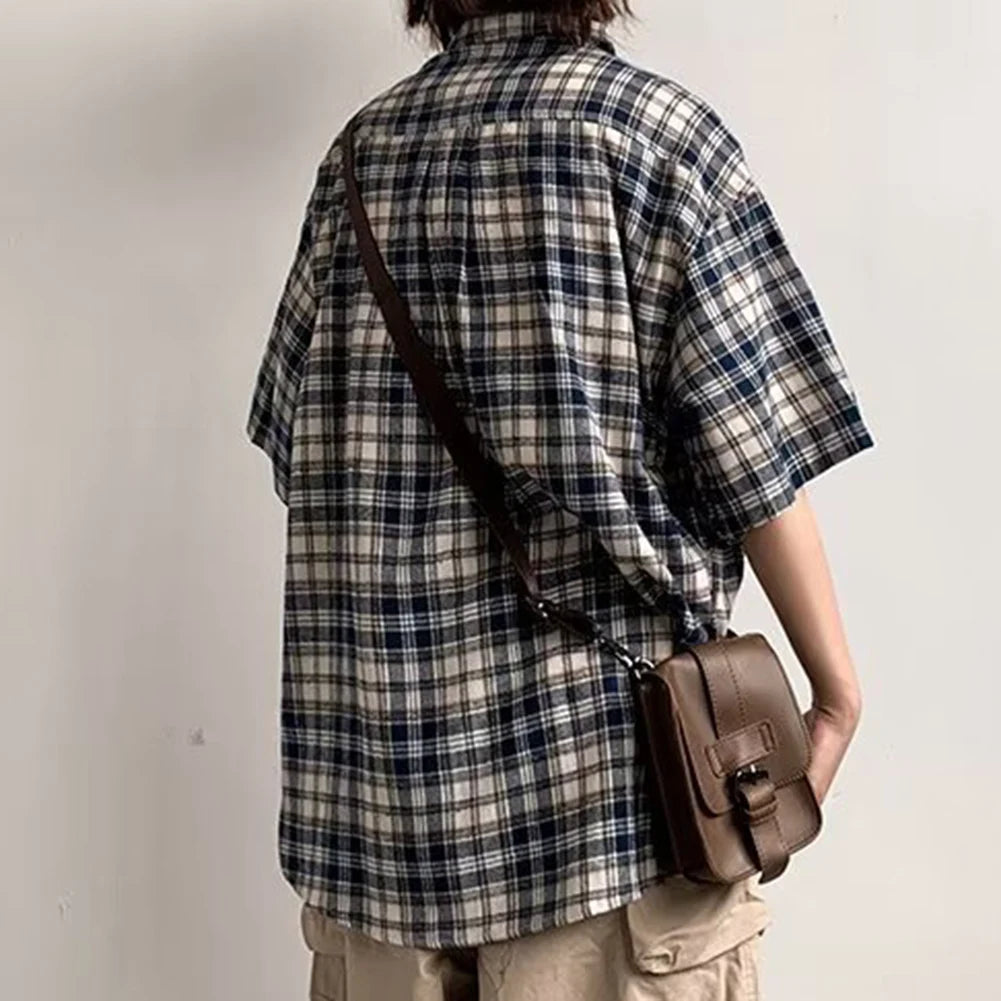 HEARUJOY  -  Plaid Shirt For Men Casual Couple Loose Mens Shirt Polyester Fabric Slight Stretch All Seasons Applicable Male