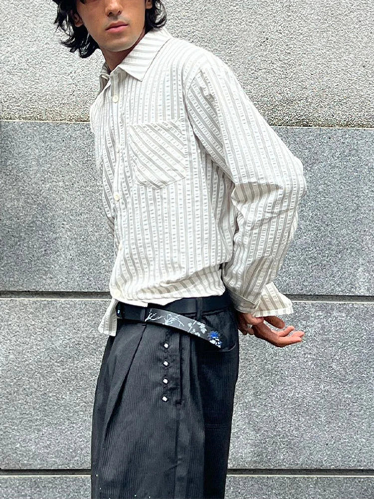 HEARUJOY  -  Spring Fall Casual Mens Striped Printed Shirt Long Sleeve Button-up Turn-down Collar Vintage Shirts Men Daily Leisure Cardigans