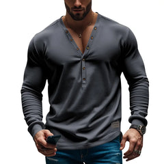 HEARUJOY  -  Men's Spring and Autumn Style American Solid Color Men's T-shirt Long Sleeve Casual Slim Button-down V-neck Blouse
